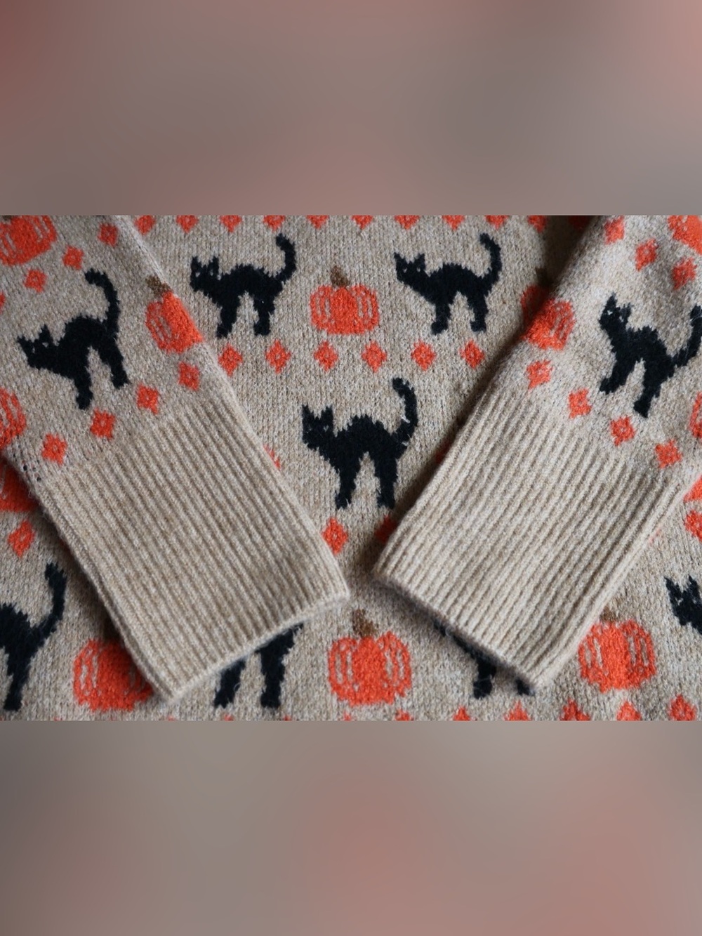 Spooky Tan Black Cat Orange Pumpkin Halloween Sweater Soft Knit Slouchy XL - Picture 2 of 16
